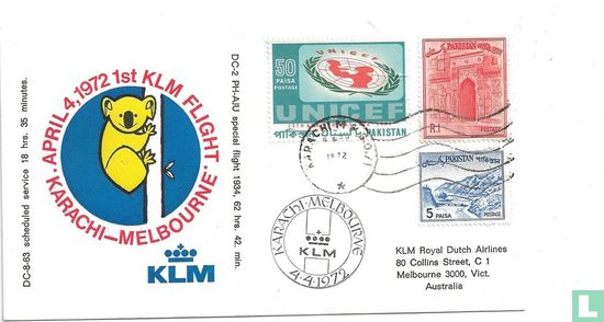 Eerste KLM vlucht Karachi - Melbourne