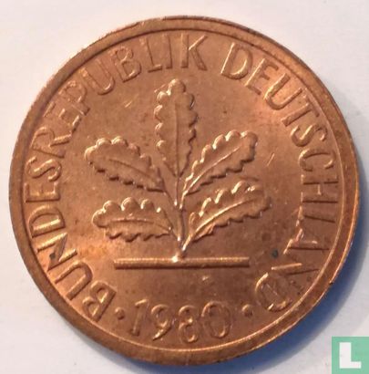 Allemagne 1 pfennig 1980 (F - point loin du 0) - Image 1