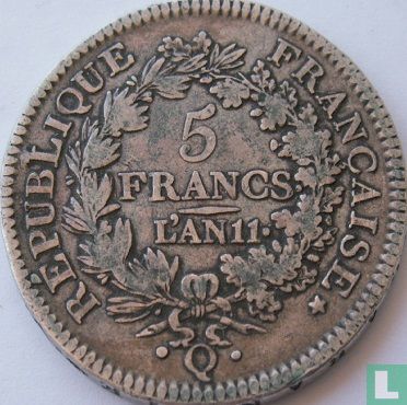 France 5 francs AN 11 (Q - UNION ET FORCE) - Image 1