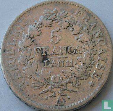 France 5 francs AN 11 (A - UNION ET FORCE) - Image 1