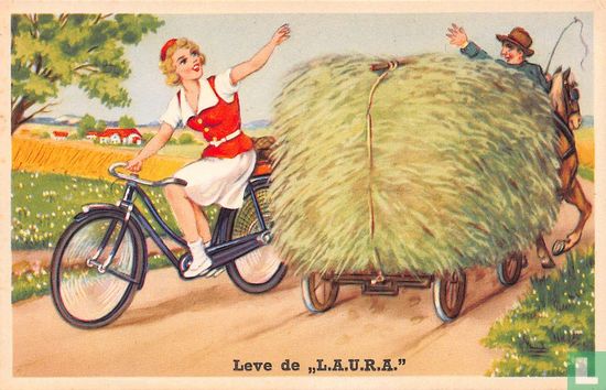 Vrouw op fiets zwaait naar man op hooiwagen - Afbeelding 1