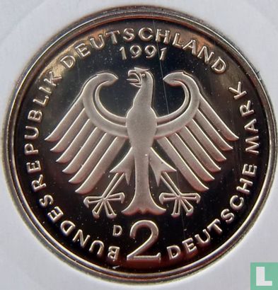 Germany 2 mark 1991 (PROOF - D - Franz Joseph Strauss) - Image 1