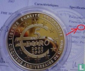 France 5 euro 2007 (PROOF - gold 920 ‰) "5th anniversary of the euro" - Image 3