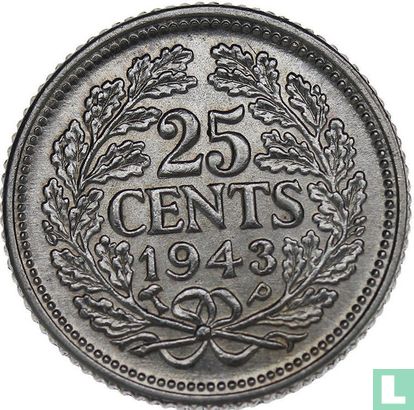 Pays-Bas 25 cents 1943 (type 1 - palmier et P) au service du Suriname et Curaçao - Image 1