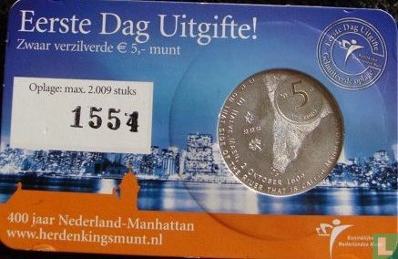 Netherlands 5 euro 2009 (coincard - first day issue) "400 years of the discovery of Manhattan island by the Dutch explorer Henry Hudson" - Image 3