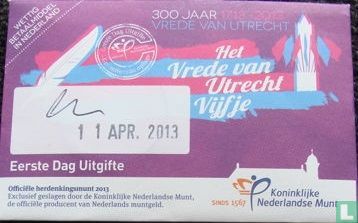 Nederland 5 euro 2013 (coincard - eerste dag uitgifte) "300 years Peace Treaty of Utrecht" - Afbeelding 1