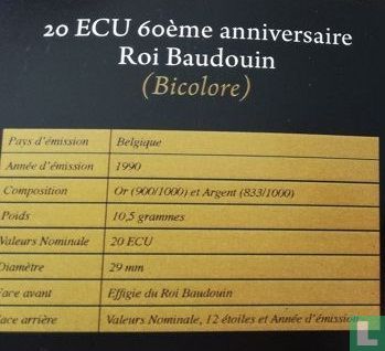 Belgium 20 ecu 1990 (PROOF) "60th birthday of King Baudouin" - Image 3