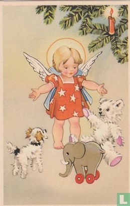 Kinderkaart engel met hond en speelgoed
