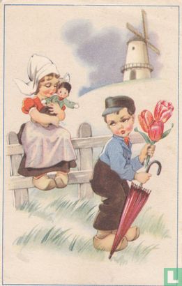 Kinderkaart meisje met pop en jongen met tulpen/paraplu
