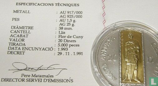 Andorre 20 diners 1993 "European Customs Union - St. George" - Image 3
