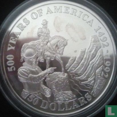 Cookeilanden 50 dollars 1992 (PROOF) "500 Years of America - Coronado's discovery of the Grand Canyon" - Afbeelding 2