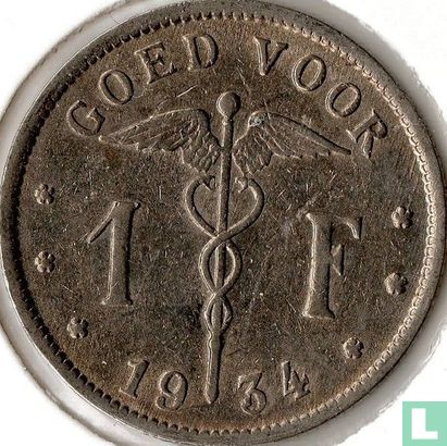 Belgium 1 franc 1934 (NLD) - Image 1