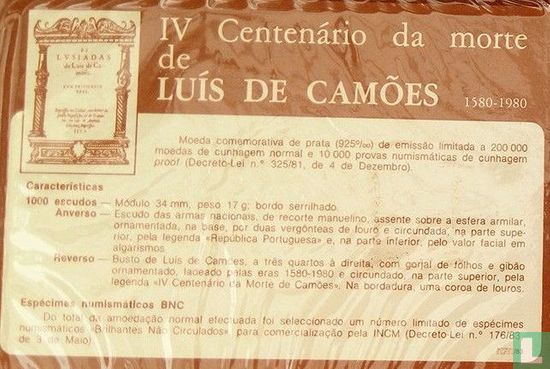 400th Anniversary of Death  1000 escudos silver 1981 UNC Camoes 