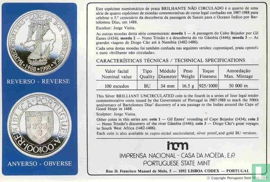 Portugal 100 escudos 1988 (zilver) "500 years Bartolomeu Dias crossed Cape of Good Hope" - Afbeelding 3