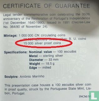 Portugal 100 escudos 1990 (PROOF) "350 years Restoration of Portuguese independence" - Afbeelding 3