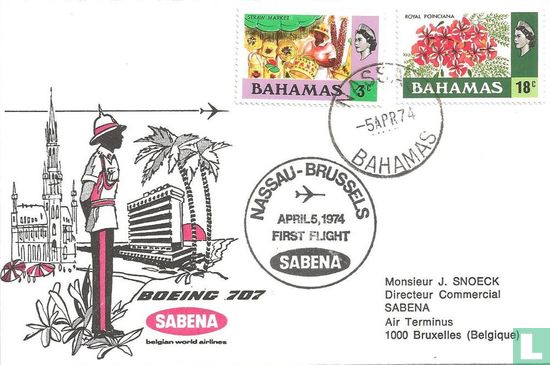 return flight Sabena Nassau-Brussels 1974