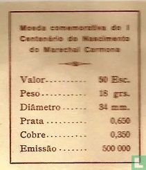 Portugal 50 Escudo 1969 "100th anniversary Birth of marshal Óscar Carmona" - Bild 3