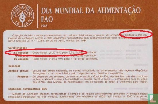 Portugal 2½ escudos 1983 "FAO - World Food Day" - Image 3