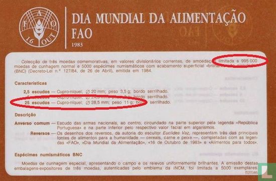 Portugal 25 Escudo 1983 "FAO - World Food Day" - Bild 3