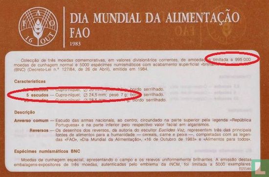 Portugal 5 escudos 1983 "FAO - World Food Day" - Afbeelding 3