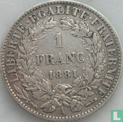 Frankrijk 1 franc 1881 - Afbeelding 1