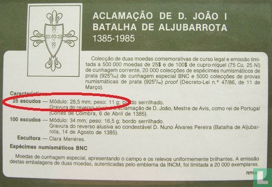 Portugal 25 escudos 1985 (koper-nikkel) "600th anniversary of the Battle of Aljubarrota" - Afbeelding 3