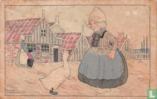 Meisje in klederdracht met gans op dijk - Afbeelding 1
