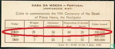 Portugal 20 escudos 1960 "Fifth centenary of the death of Prince Henry the Navigator" - Image 3