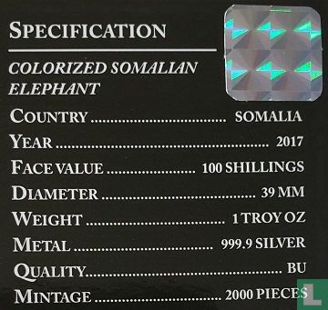Somalia 100 Shilling 2017 (gefärbt) "Elephant" - Bild 3