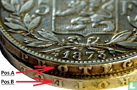 België 5 francs 1873 (positie B) - Afbeelding 3