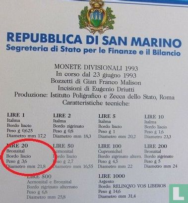 San Marino 20 lire 1993 - Image 3