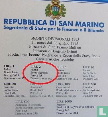 San Marino 2 lire 1993 - Afbeelding 3