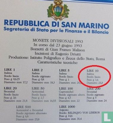 San Marino 10 lire 1993 - Afbeelding 3