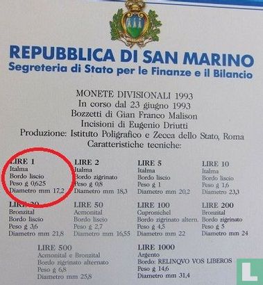San Marino 1 lira 1993 - Image 3