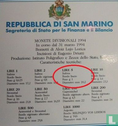 San Marino 5 lire 1994 - Afbeelding 3