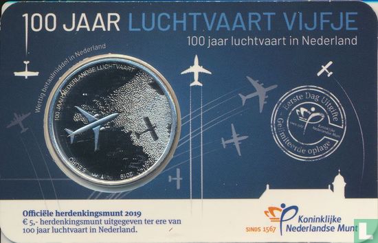Netherlands 5 euro 2019 (coincard - first day of issue) "100 years of aviation in the Netherlands" - Image 1