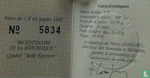 Frankrijk 1 franc 1992 (PROOF - zilver) "Bicentenary of the French Republic" - Afbeelding 3