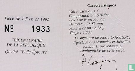 Frankreich 1 Franc 1992 (PP - Gold) "Bicentenary of the French Republic" - Bild 3