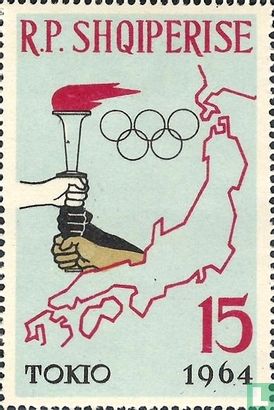 Olympische vlam, ringen en landkaart