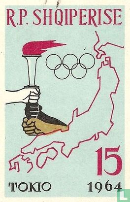 Olympische Flamme, Ringe und Karte