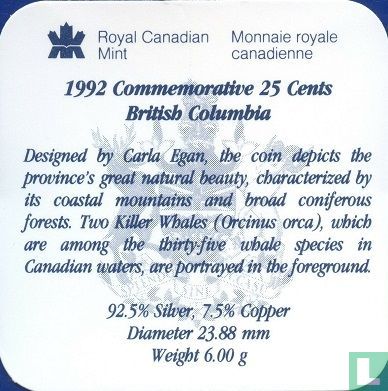 Canada 25 cents 1992 (PROOF) "125th anniversary of the Canadian Confederation - British Columbia" - Afbeelding 3
