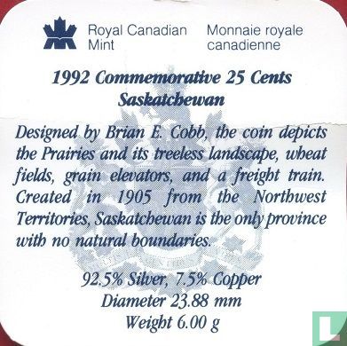 Canada 25 cents 1992 (PROOF) "125th anniversary of the Canadian Confederation - Saskatchewan" - Image 3