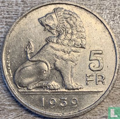 Belgium 5 francs 1939 (NLD/FRA - edge without inscription) - Image 1