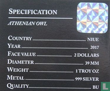 Niue 2 dollars 2017 (kleurloos) "Athenian owl" - Afbeelding 3