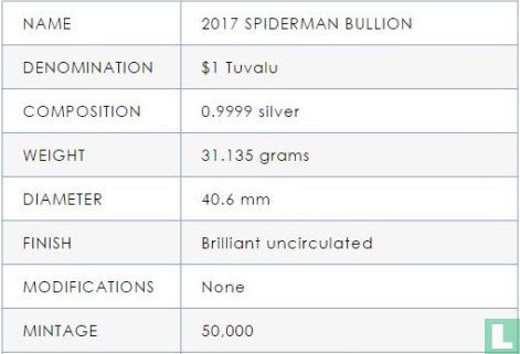Tuvalu 1 dollar 2017 (non coloré) "Spider - Man" - Image 3