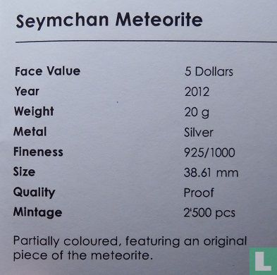 Cookeilanden 5 dollars 2012 (PROOF) "Seymchan meteorite" - Afbeelding 3