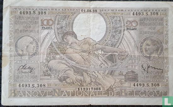 Belgique 100 Francs / 20 Belgas 1938 (01.08)  - Image 1