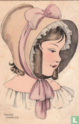 Portret van meisje met pijpekrullen en hoed met roze strik - Image 1