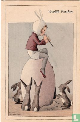Meisje met hazenmuts speelt fluit zittend op ei - Afbeelding 1