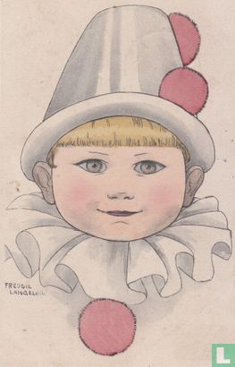 Clowntje met witte kraag en hoed met roze pom-poms - Afbeelding 1